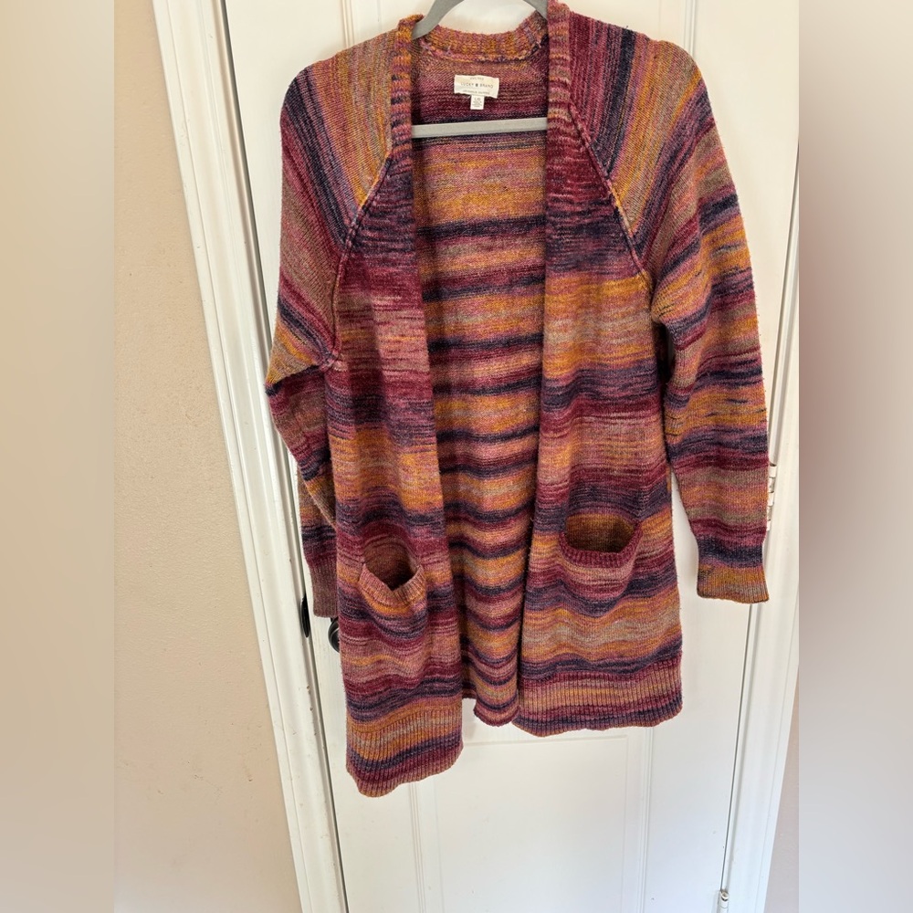 Lucky Brand Size Large Cozy Vibrant Striped‎ Cottagecore Knit Long Cardigan